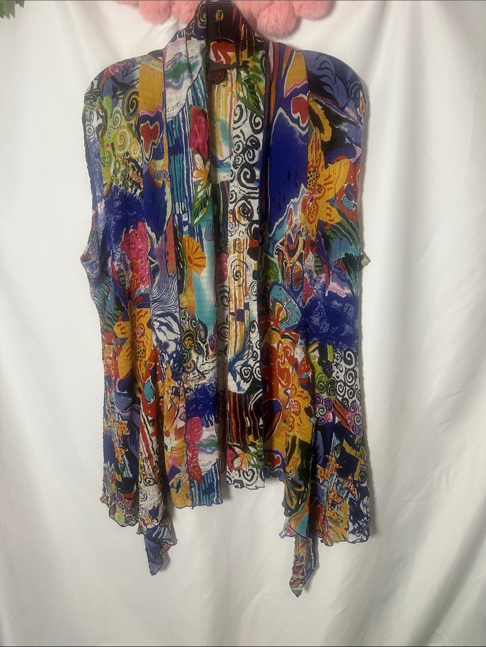 Open-Front Abstract Floral Vest - Multicolor Blue Accent